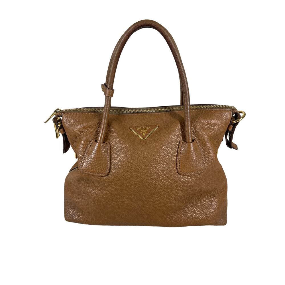 Prada Palissandro Side Zip Pebbled Leather Hand Satchel Bag Tote
